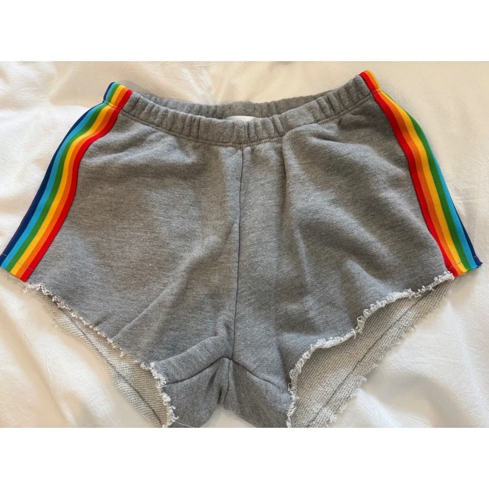 Spiritual Gangster Womens Gray Rainbow Stripe French Terry Shorts XS Raw Hem - Picture 2 of 7